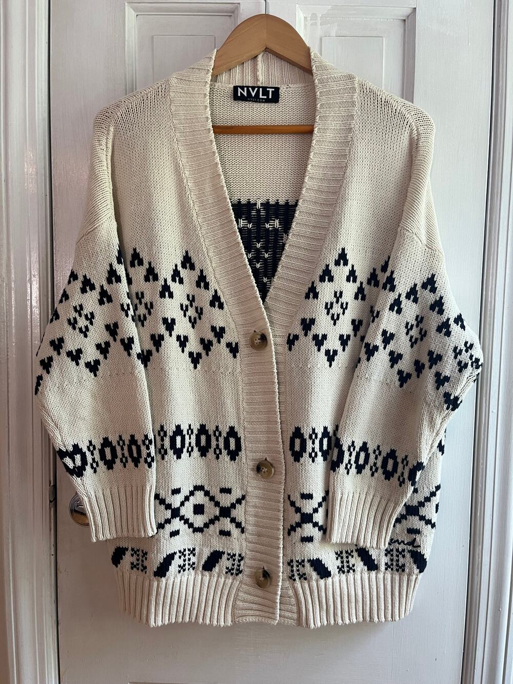 NVLT Anthropologie Oversized Knit Cardigan Cream Black Fair Isle XS
